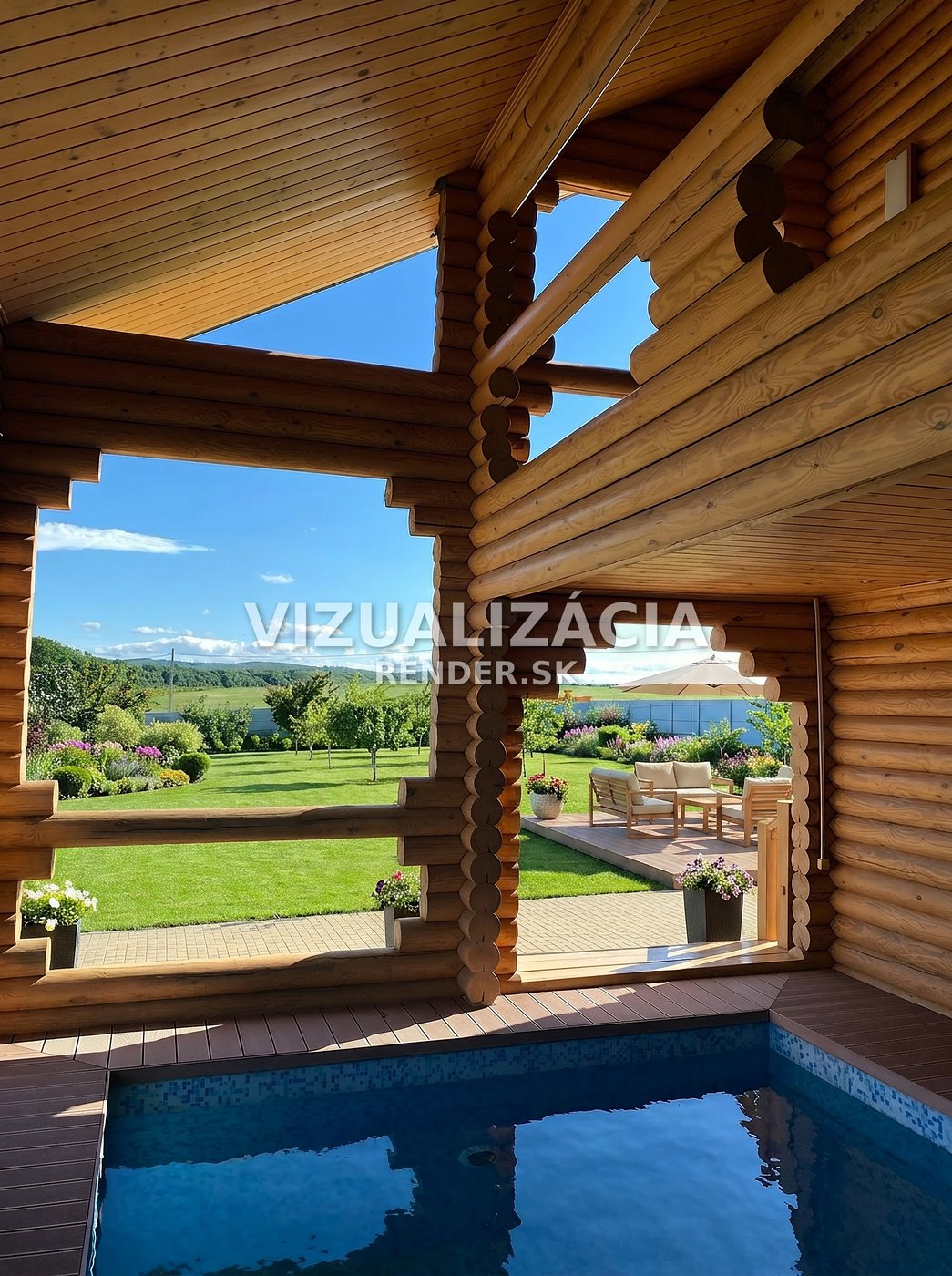 Po vizualizácii — Zrubový dom s bazénom